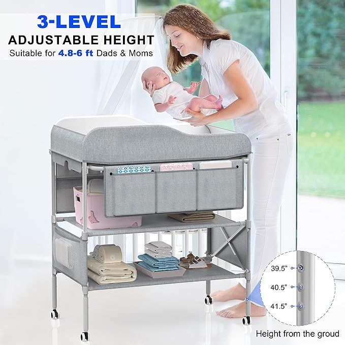 Portable Baby Changing Table, Foldable Changing Table Dresser Baby Changing Station, Height Adjustable Waterproof Diaper Changing Table Pad Topper, Newborn Nursery Organizer