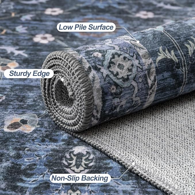 Tangsoo 2.6x12 Washable Long Runner Rug for Hallway Non Slip, Boho Floral Vintage Carpet Runner Rugs for Entryway Kitchen, Floor Low Pile Runners for Laundry Bedroom Alfombra Blue Black Farmhouse