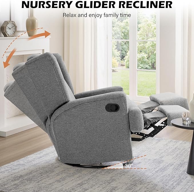 UIXE Swivel Glider Recliner Chair for Adults, Fabric High Back Accent Chair Nursery Rocker for Living Room, Upholstered Manual Reclining Sofa Seating with Deep Seat - Flax Gray
