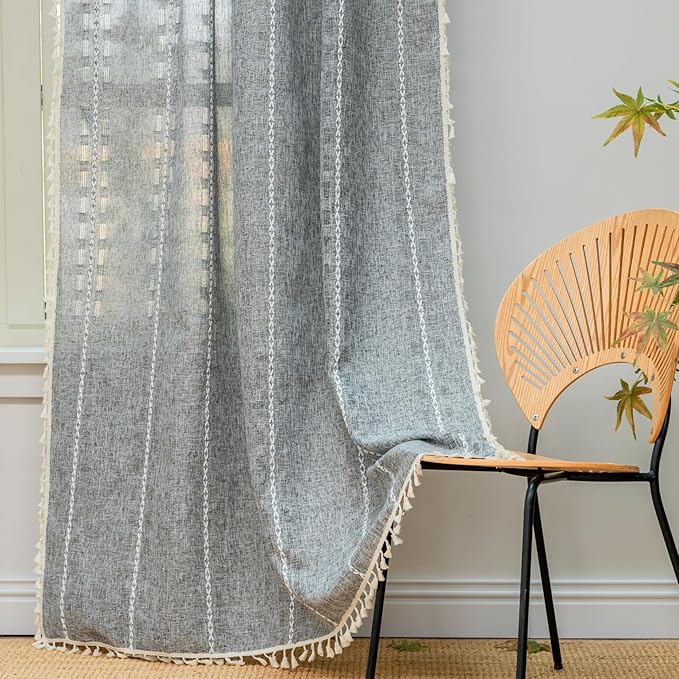 Deeprove Charcoal Grey Boho Curtain 72 inches Length for Living Room Bedroom Nursery, Bohemian 72 inches Long, Geometric Stripe Embroidery Privacy Window Tassel Decorative W52 x L72, 1 Panel