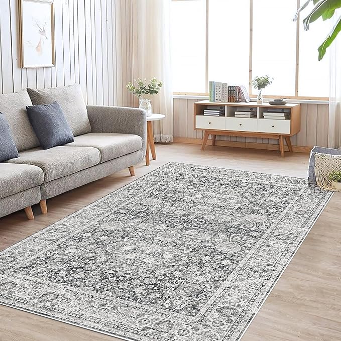 Deerly Grey Rug 6x9 Rugs for Living Room Distressed, Washable Area Rugs Non Slip Large Rug for Bedroom Dining Room Office, Floor Decoration Big Rug Mat Low-Pile(Grey)
