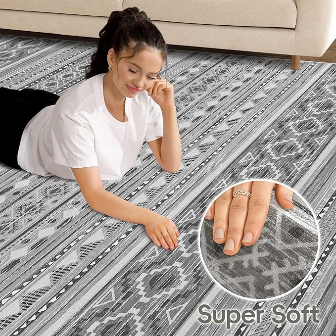 Area Rugs for Living Room Washable Living Room Rug Soft Neutral Indoor Floor Carpet Non-Slip Stain Resistant Modern Boho Rugs for Bedroom Dining Room Kids Room Nursery Office Home Grey/Beige