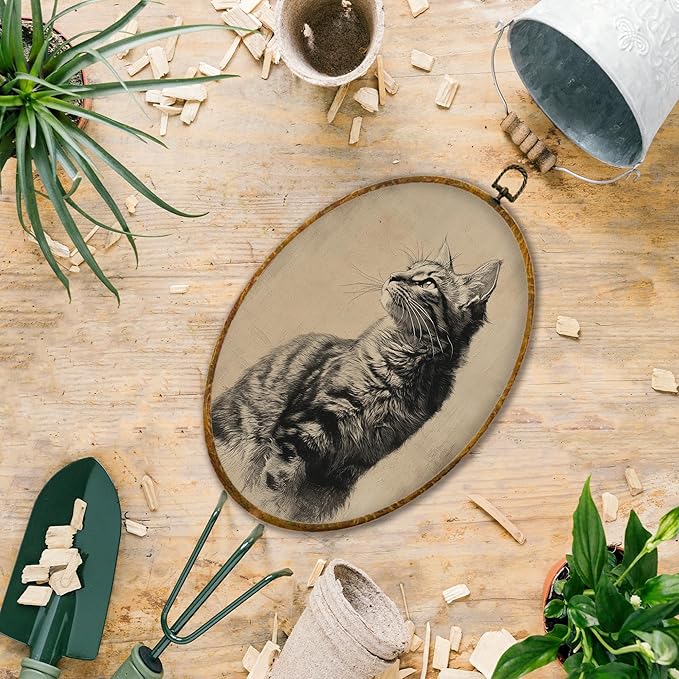 Hiuwevt Vintage Cat Oval Wall Art Decor, Antique Cat Gifts Framed Canvas Prints, Rustic Retro Pet Gifts Oval Wall Hanging Decor for Home Gallery Decorations, 8.6x11.4 Inches