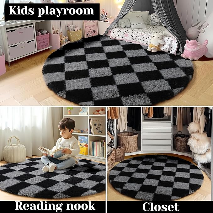 KICMOR Round Rugs 6ft Black and Grey Circle Area Rug, Fluffy Soft Fuzzy Shag Shaggy Bedroom Living Room Carpet, Indoor Checkered Circular Rug for Teen Kids Boys Girls Home Decor Aesthetic, Nursery