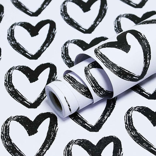 Timeet Modern Black White Wallpaper Peel and Stick Wallpaper Heart Contact Paper Vinyl Self Adhesive Wall Paper for Kids Room Bedroom Laundry Decoration Vinyl Roll 17.7"x394"