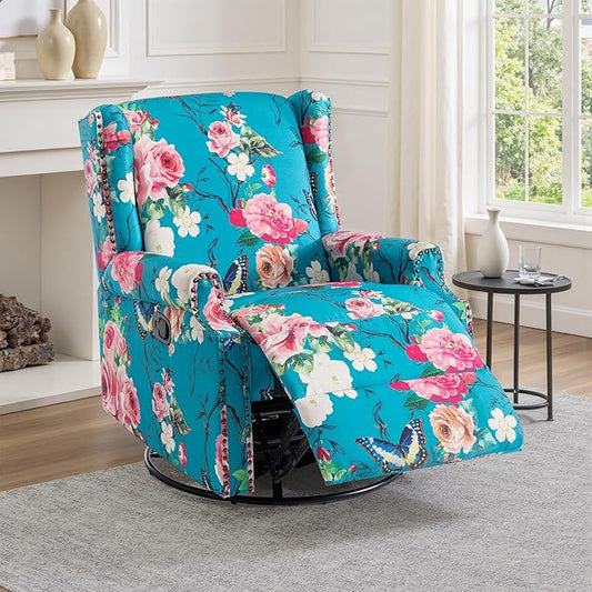 UIXE Swivel Glider Recliner Chair for Adults, High Back Nursery Rocker Floral Upholstered Armchair for Living Room, Manual Reclining Rivet Trim Sofa Lounge with Deep Seat in Fabric - Peacock Blue