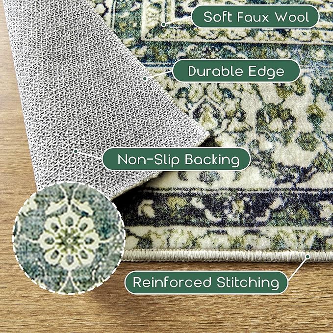 6x9 Area Rugs Washable Rugs for Bedroom,Faux Wool Moody Floral Boho Vintage Oriental Indoor Carpet for Living Room,Hunter Forest Green