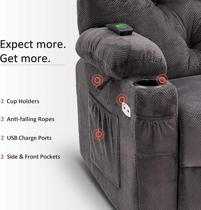 MCombo Electric Power Swivel Glider Rocker Recliner Chair with Cup Holders for Nursery, Hand Remote Control, USB Ports, 2 Side & Front Pockets, Plush Fabric 7797 (Grey)
