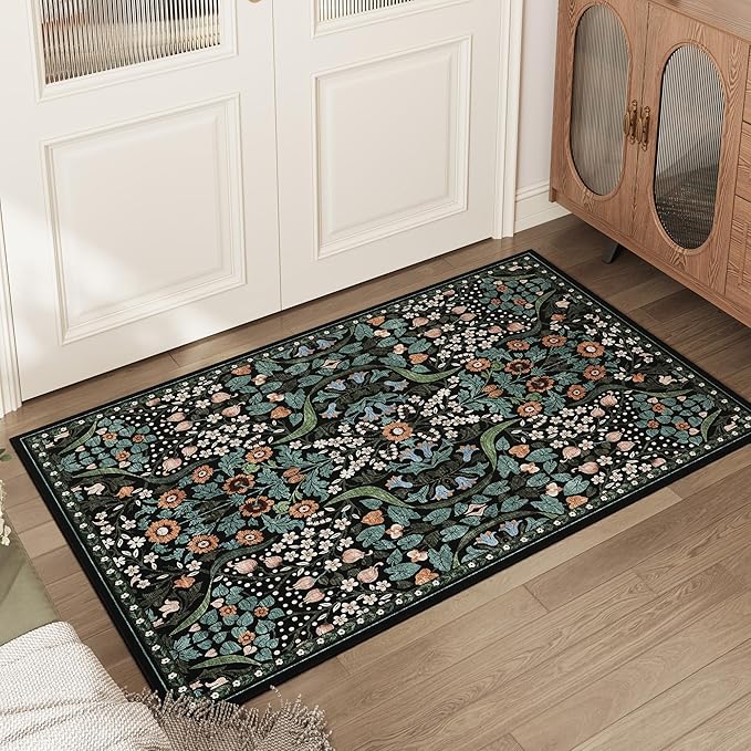 2x3 Floral Washable Area Rug for Kitchen, Non-Slip Soft Vintage Boho Carpet, Botanical Forest Green Small Low Pile Rugs for Bedroom, Entryway, Home Office, Dorm, Black and Green