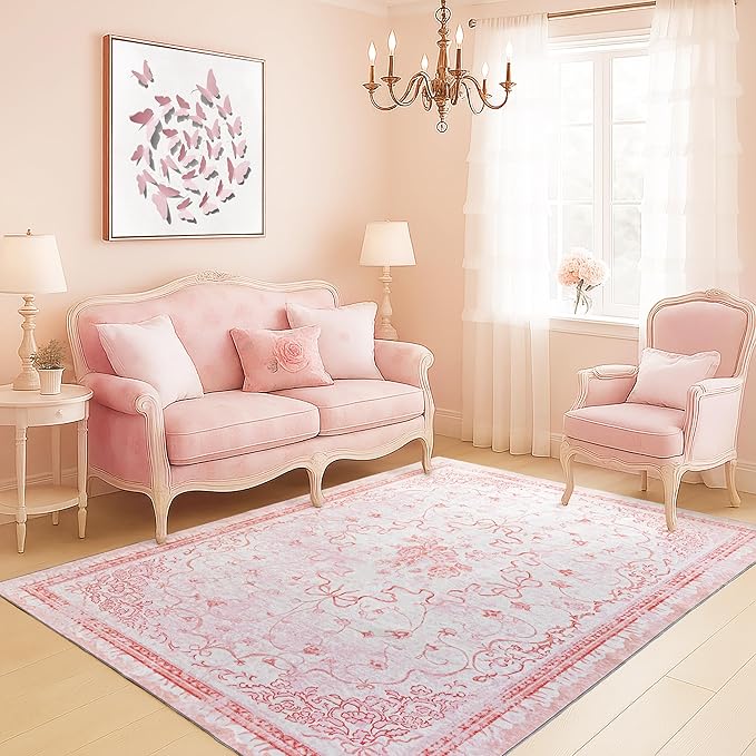 Pink Rug for Bedroom Girl Nursery - Bow Kids Rugs, Cute Coquette Teen Girls Room Decor Aesthetic, Pastel Christmas Rug 5x7, Washable Vintage Cottage Core Area Rugs for Playroom Toddler Baby Dorm