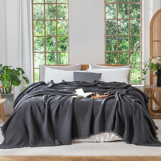 MooMee Muslin Blanket - 100% Cotton 4-Layer Gauze Throw Blanket with All-Around Fringe, Ultra-Soft Breathable Lightweight Cooling Decorative for Bed, Sofa & Couch (Dark Grey, Queen 90" x 90")