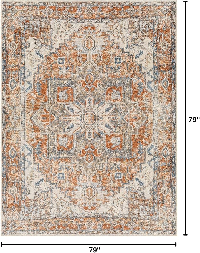 Mark&Day Washable Rugs, 7ft Round Dry Ridge Traditional Rust Area Rug, Orange Blue Ivory Carpet for Living Room, Bedroom or Kitchen (6'7" Round, Machine Washable)