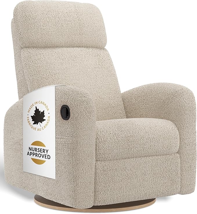 Hailey Modern Nursery Glider Recliner Chair (Manual) – Cozy Nursing Chair with 360° Swivel for New Parents, Gentle Motion, High Back & Low Armrests, Adjustable headrest, Canadian Made (Puppy Sand)