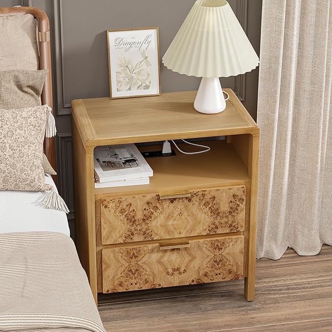 LONYKE Burl Finish Nightstand with Charging Station, Side Table with Power Outlet and USB & Type C Ports, Wood Bedside Table for Bedroom, Fully Assembled, Rustic, Natural, Farmhouse