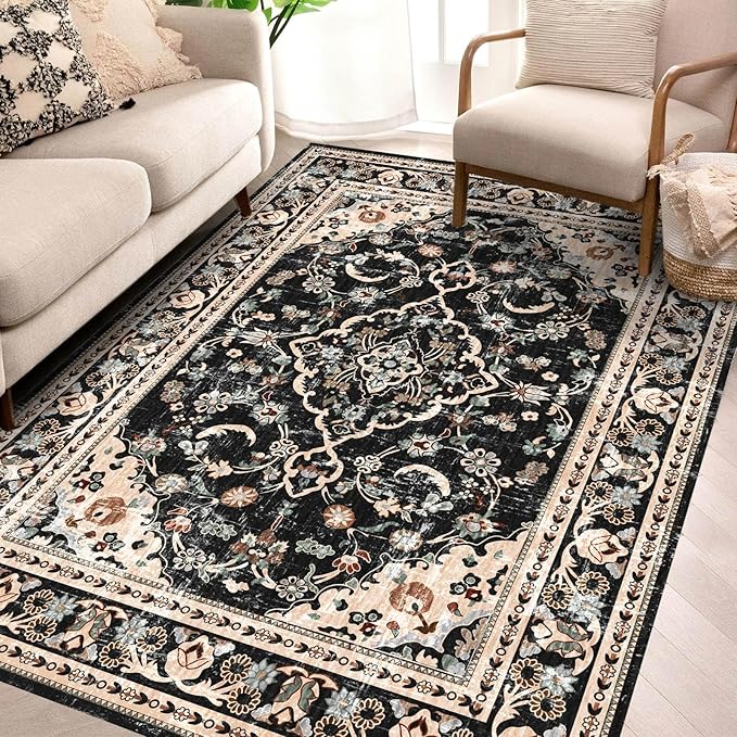 Vhong Washable Area Rugs Boho Vintage Modern Neutral Small Carpet Black and Brown 4×6 High Traffic Rugs for Dinning Room Living Room Bedroom Non Slip