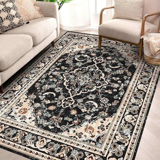 Vhong Washable Area Rugs Boho Vintage Modern Neutral Small Carpet Black and Brown 4×6 High Traffic Rugs for Dinning Room Living Room Bedroom Non Slip