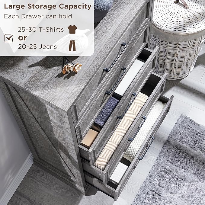 ACCOHOHO Farmhouse 5 Drawers Dresser Chests for Bedroom,46" Tall Wood Rustic Chest of Drawers with Wide Metal Handle,Natural Texture,Drawer Organizer for Bedroom,Living Room,Hallway and Entryway,Grey