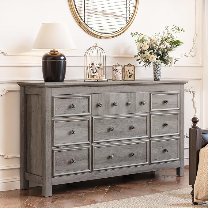 Grey 9 Drawer Dresser, 57" Large Dresser for Bedroom, TV Stand for 70 inch TV, Wood Chest of Drawers with Metal Handle, Rustic Storage Dressers Organizer for Bedroom, Hallway