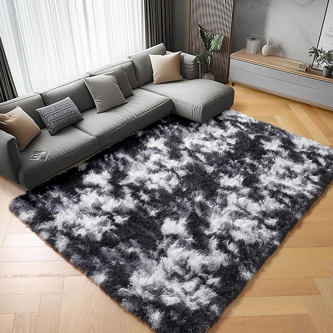 ONASAR Black and White Area Rugs for Living Room Bedroom, 5x8 Fluffy Rug, Washable Soft Plush Shag Floor Carpet for Nursery Kids Girls Boys Teen Baby Dorm Bedside Playroom Indoor Home Decor Aesthetic