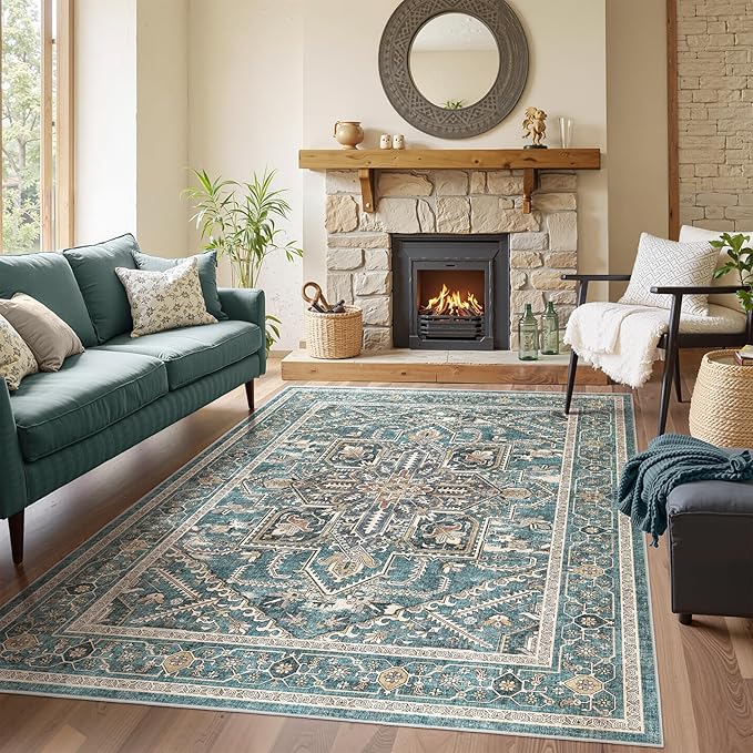 WITSHOCK 5x8 Teal Washable Area Rug for Living Room: Boho Soft Low Pile Carpet, Stain Resistant Foldable Floor Rug for Foyer Entryway Bedroom Dining Room Office Kitchen, Farmhouse Modern Home Decor