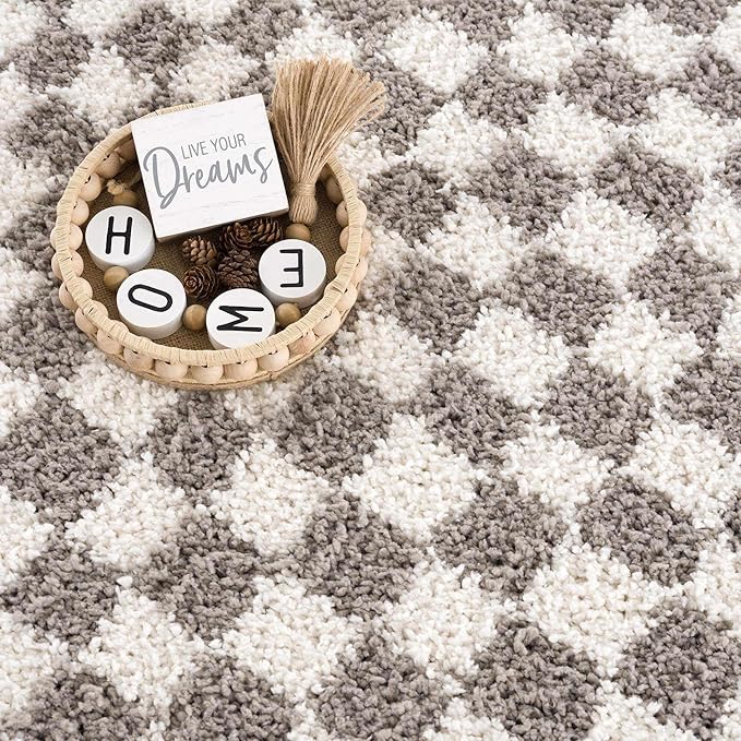 Hauteloom Kieu Contemporary Checkered Fluffy Shag Area Rug - Modern Geometric Soft Carpet Tiles for Living Room, Kids Room, Nursery - Gray, Light Grey, White - 6'7" x 9'