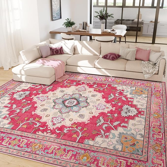 Machine Washable Rugs Nursery Rug 8x10 Area Rugs Non Slip Low Pile Water Repellent Soft Print Pattern for Bedroom Indoor Decor Kids Playroom Brightpink