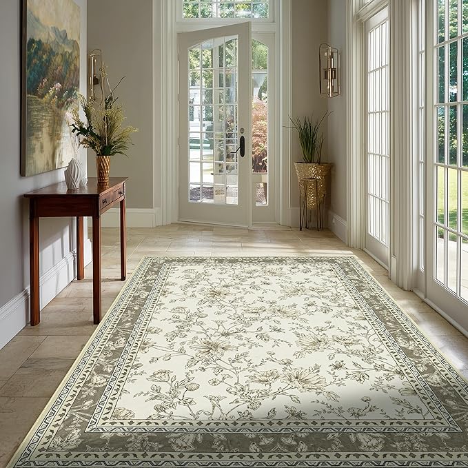 Floral Boho Rug 4x6 Washable Non Slip Area Rug Bohemian Carpet Door Mat Taupe Beige Tan Floral Distressed Modern Farmhouse Sketch Style Flower for Bedroom Foldable 4x6 for Entryway Living Room