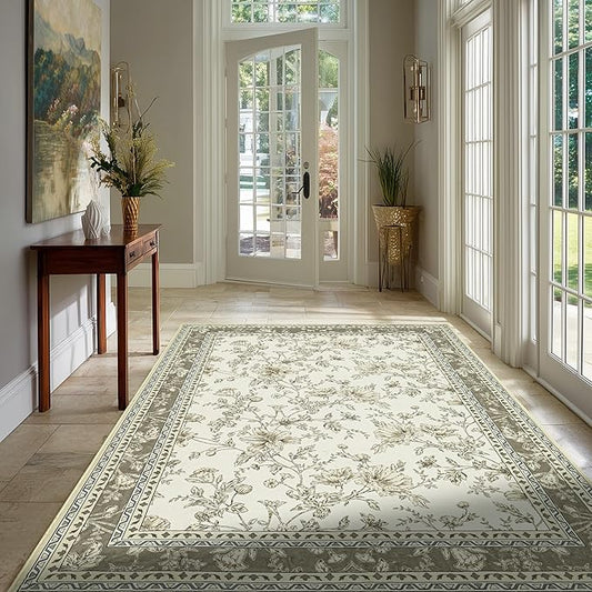 Floral Boho Rug 4x6 Washable Non Slip Area Rug Bohemian Carpet Door Mat Taupe Beige Tan Floral Distressed Modern Farmhouse Sketch Style Flower for Bedroom Foldable 4x6 for Entryway Living Room