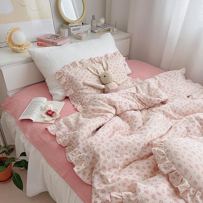 AOJIM Baby Muslin Duvet Cover with Pink Floral Patterns, 1pc Pure Cotton Kids Bedding Comforter Cover 2-layer Gauze 47X59'', Ruffled Design Baby Duvet Protector for Girls Boys, No Quilt or Pillowcases