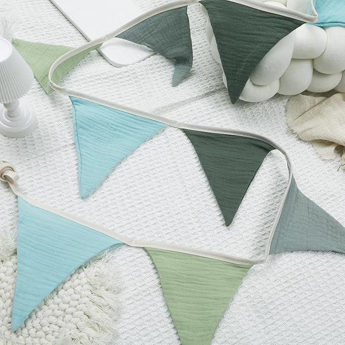 Pennant Banner Flags,Infant and toddler room decoration pennant,for Nursery Decor Baby Birthday Boho Wedding Shower Party Event (Blue-green triangular flag banner)