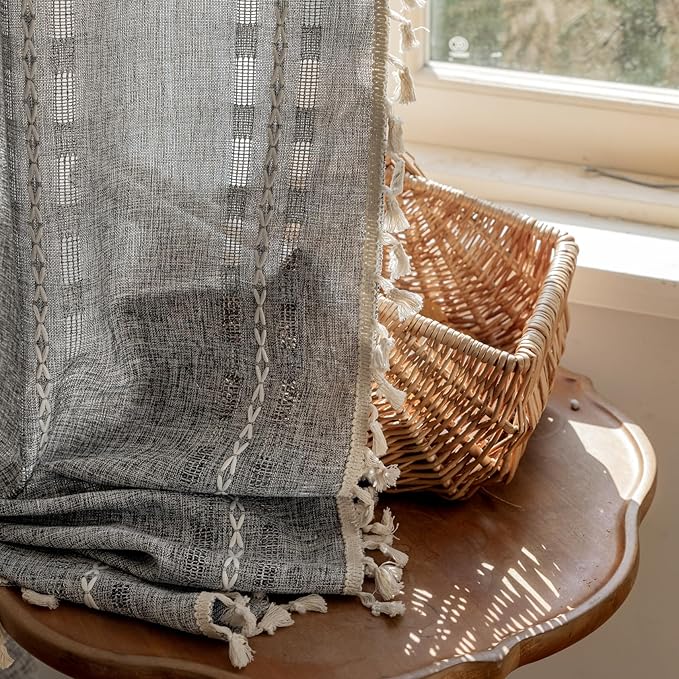 Deeprove Dark Gray Boho Curtain 84 inches Length for Living Room Bedroom Nursery, Bohemian 84 inches Long Art Deco Stripe Sheer Cotton Linen Charocoal Grey Emroidery with Tassel, W52xL84, 1 Panel