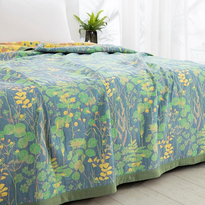 100% Cotton Muslin Botanical Blanket Jacquard Floral Plants Pattern Quilt, Soft Bed Cover Lightweight Breathable Gauzy Reversible Bedspread Coverlet Bedding King(98"x94"), No Pillow Sham