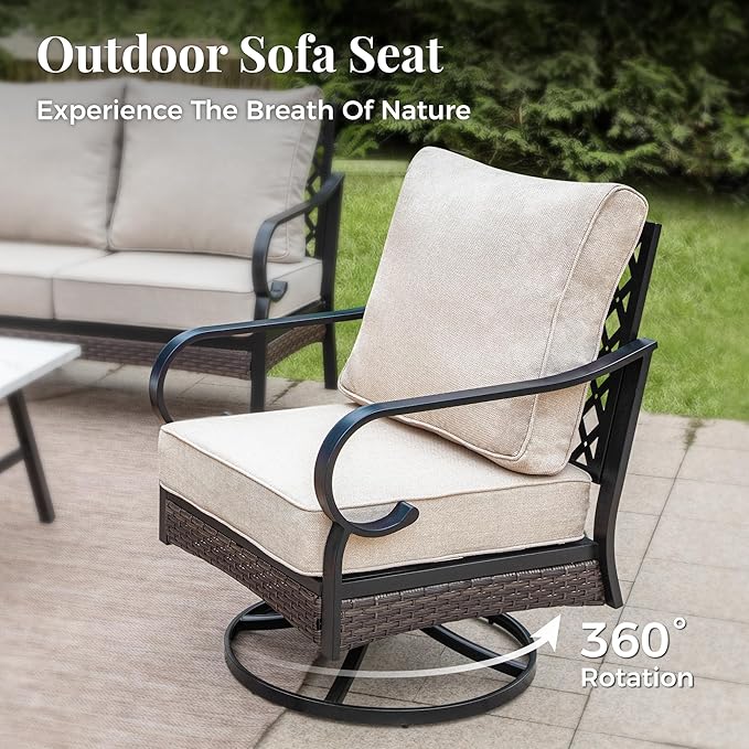 Patio Swivel Chairs Set of 2, Outdoor Sofa Chairs with Deep Seating and 5.75" Cushions, Steel Frame Porch Furniture for Lawn Backyard Deck, Beige