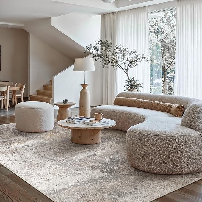 GENIMO Washable 8x10 Area Rugs for Living Room, Non Slip Modern Abstract Rug, Machine Washable Stain Resistant Low Pile Soft Carpet for Bedroom, Dining, Office, Light Grey Brown
