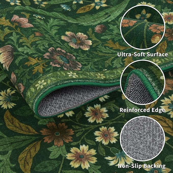 9x12 Dark Green Vintage Floral Area Rug,Washable Large Boho Living Room Rugs,Botanical Print Non-Slip Stain Resistant Lightweight Carpet for Bedroom Dining Room Nursery