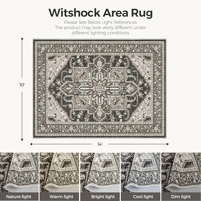 WITSHOCK Black 10x14 Large Living Room Rugs: Washable Modern Vintage Boho Soft Low Pile Stain Resistant Foldable Carpet for Bedroom Playroom Dining Room Office, Distressed Farmhouse Floral Home Decor