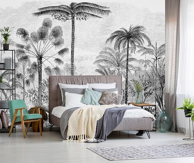 Tropical Forest Wall Mural Black Palm Tree Wallpaper Mural for Living Room Bedroom（Not Peel and Stick）