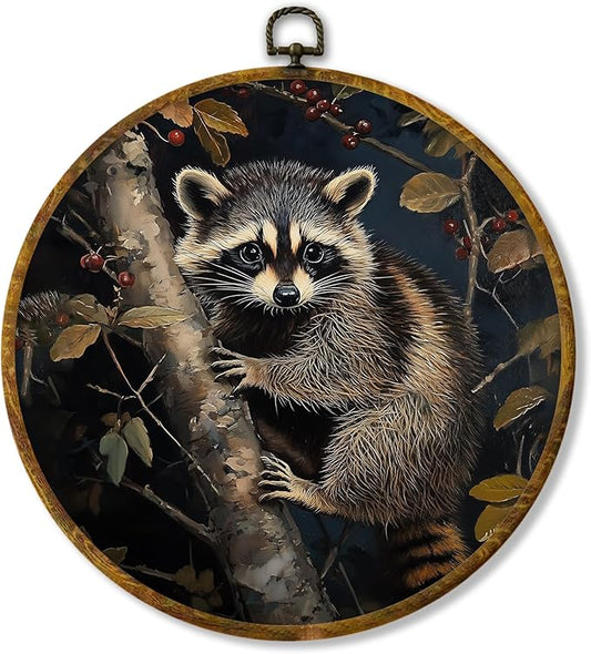 Hiuwevt Raccoon Round Wall Art Decor, Vintage Dark Moody Academia Botanical Trash Panda Framed Canvas Prints, Cottagecore Raccoon Round Wall Hanging Decor for Bedroom Home Decorations, 10x10 Inches