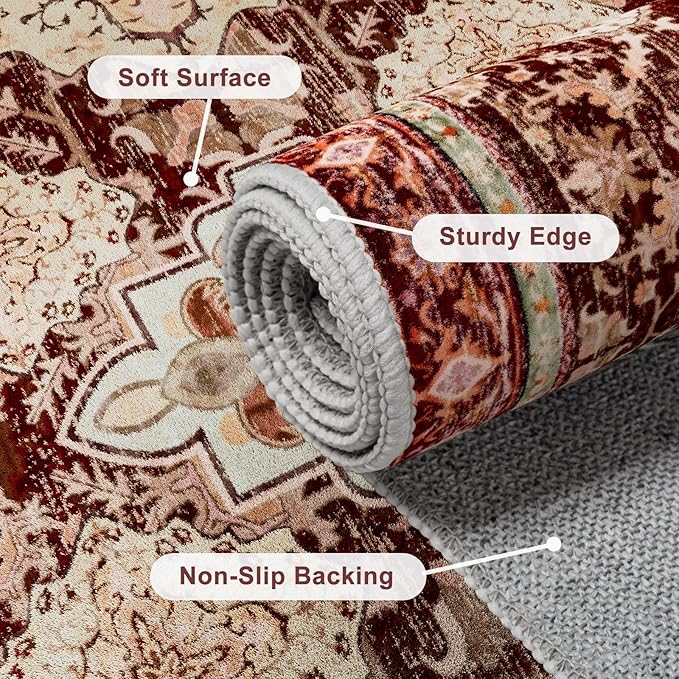 AMTOVO 2x3 Washable Entryway Area Rug Door Mat, Vintage Boho Distressed Print Pattern Non-Slip Carpet, Small Throw Rug for Indoor Entrance Kitchen Bedroom Bathroom Laundry Floor, Vintage Red