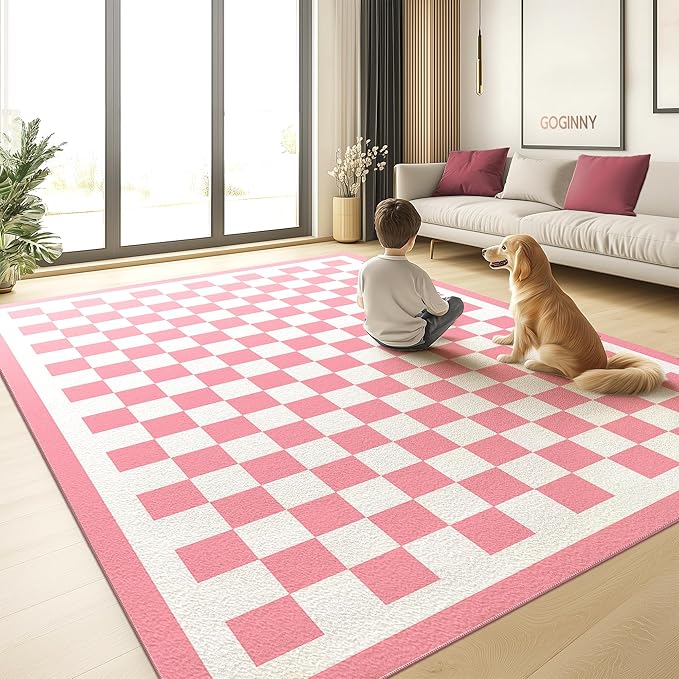 Washable 8x10 Checkered Area Rug for Living Room, Pink Checkerboard Modern Boho Large Rugs, Ultra Thin Low Pile Lightweight Soft Indoor Carpet with Non-Slip Backing for Bedroom Kids Nursery Play Room