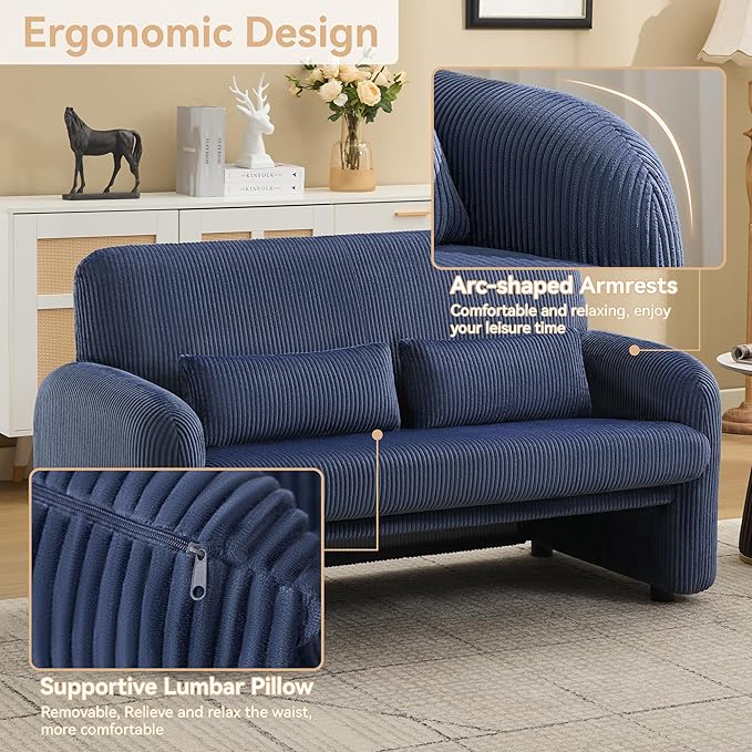 56'' Corduroy Loveseat Sofa, 2 Seater Love Seat Couch for Small Space, Comfy Upholstered Modern Leisure Loveseat Couches with Lumbar Pillows for Bedroom, Office, Living Room, Blue