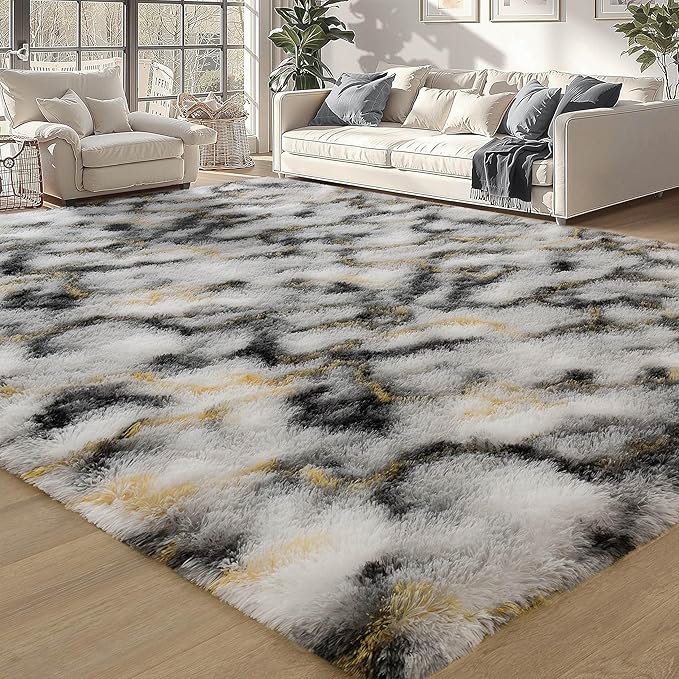 Meralax Tie-Dyed Gold and White Rugs for Living Room Bedroom, 5x8 Soft Area Rug Fluffy Shaggy Bedside Rug, Machine Washable Indoor Floor Carpet for Kids, Dorms, Nursery Rooms, Home Decor Aesthetic