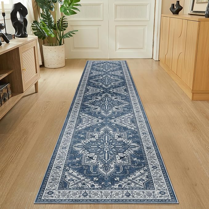 WITSHOCK 2x10 Long Runner Rug for Hallway: Washable Rug Distressed Boho Soft Low Pile Stain Resistant Foldable Carpet for Bedroom Kitchen Entryway Indoor Entrance Farmhouse Decor, Blue, 24″x120″