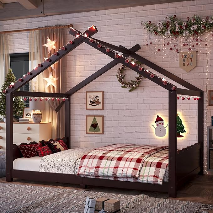 Full Size Wooden House Floor Bed - Kids Bed Frame with Roof & Support Slats for Bedroom, No Box Spring Needed, Easy Assembly (Espresso)