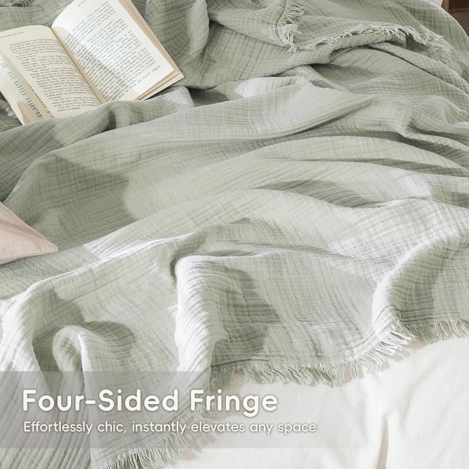 MooMee Muslin Blanket - 100% Cotton 4-Layer Gauze Throw Blanket with All-Around Fringe Ultra-Soft Breathable Lightweight Cooling for Bed Couch (Sage Green,Throw XL 50" x 70")