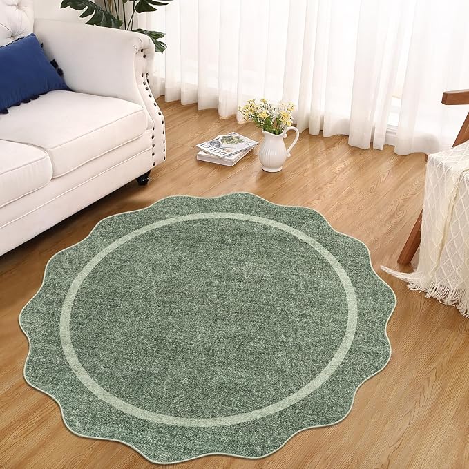 GarveeHome Scalloped Round Area Rugs, Washable Small Round Rug 3 ft Non-Slip, Soft Christmas Ultra-Thin Circle Solid Low Pile Stain Resistant Carpet for Bedroom Entryway Kitchen Laundry, Greyish Green