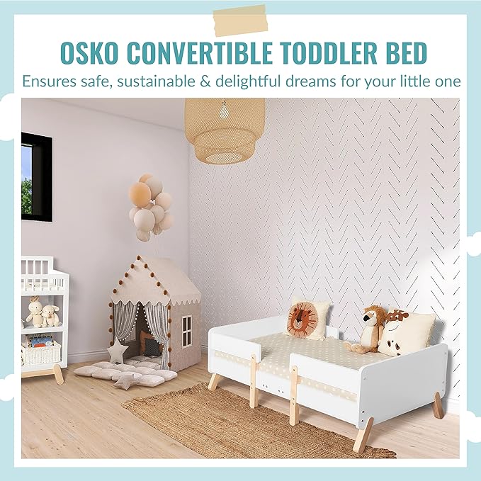 Dream On Me Osko Convertible Toddler Bed Made with Sustainable New Zealand Pinewood in White and Natural, JPMA & Greenguard Gold Certified, Non-Toxic Finish