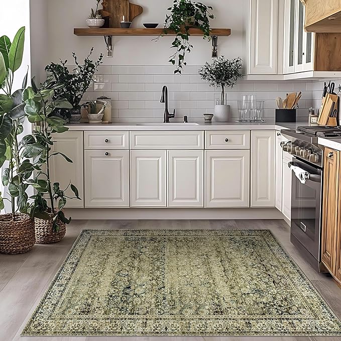 Vintage Design Floral Area Cream Rug Distressed Carpet Washable Non Slip Rug Kitchen Bedroom Dining Room 3x5 Cover Print,Tan Brown and Cream Beige