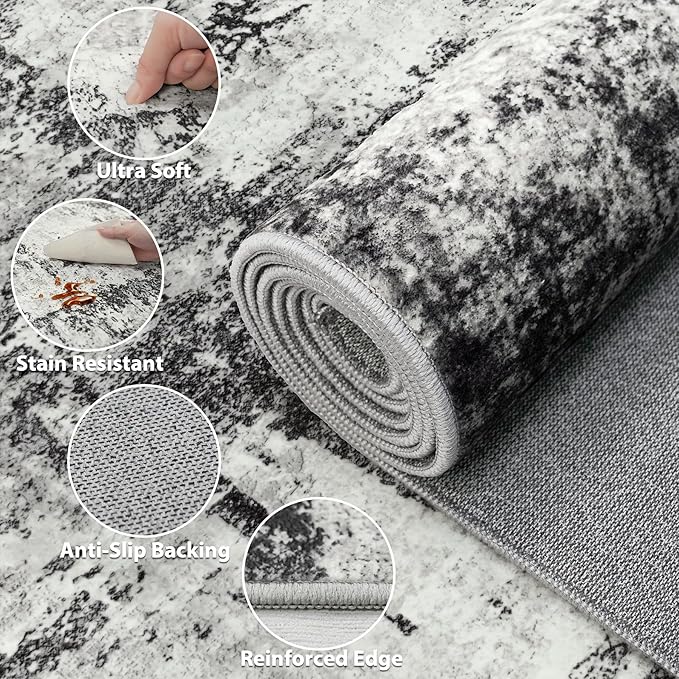 10x14 Area Rugs Living Room Rugs: Large Washable Rug with Anti-Slip Backing Non-Shedding Stain-Resistant Soft Abstract Carpet for Bedroom Dining Room Nursery Home Office-Black/Gray