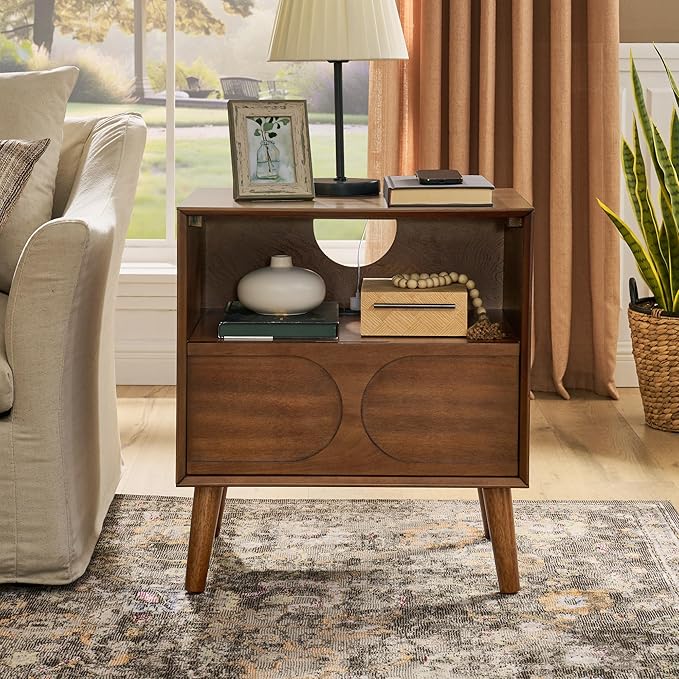 Mid Century Modern Fluted Nightstand, Night Stand with Charging Station USB Ports & Outlet Hole & 4 Solid Wood Legs, Farmhouse End Table with Open Space and Drawer Dresse (Walnut)